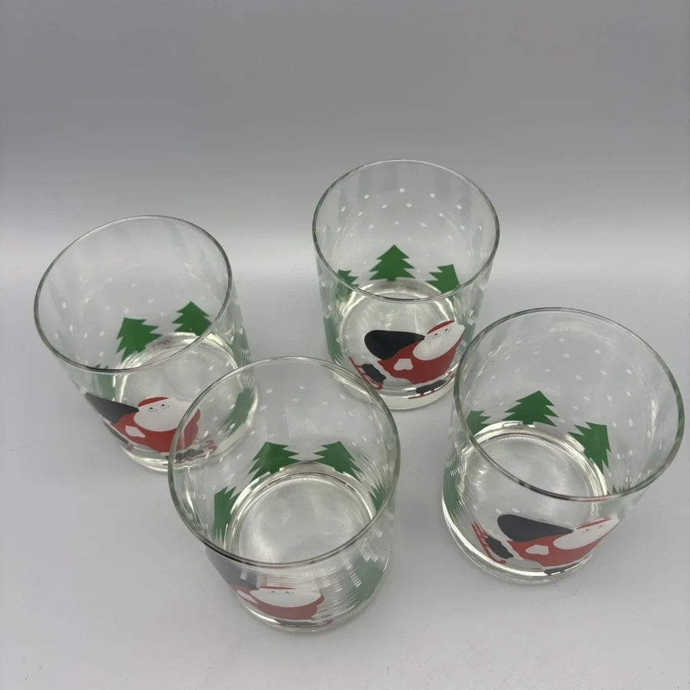 Vintage Set of 4 Crate and Barrel Ice Skating Santa Double Old Fashioned Glasses - Picture 5 of 7